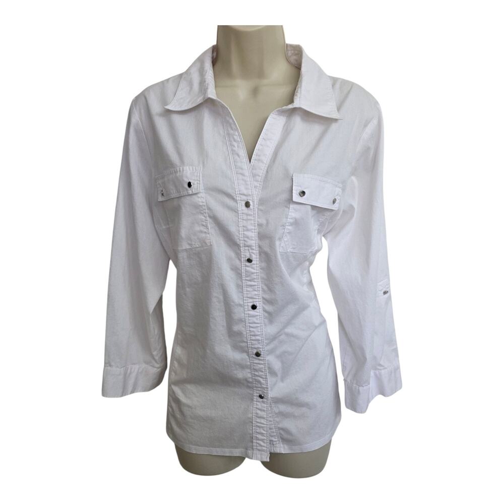 Women's White Blouse Size XL Cotton Blend 3/4 Roll Tab Sleeve Zac & Rachel